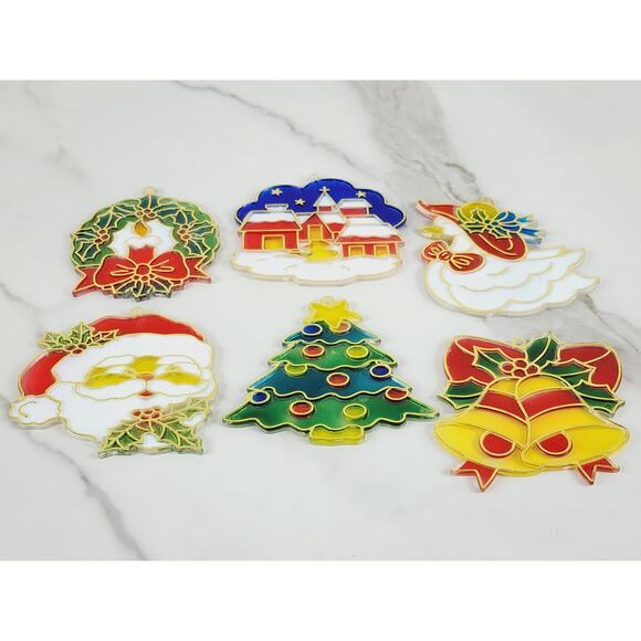 Small Christmas Sun Catcher Window Plaque 3" Plastic Stained Glass Style 90's x6 - Picture 8 of 11